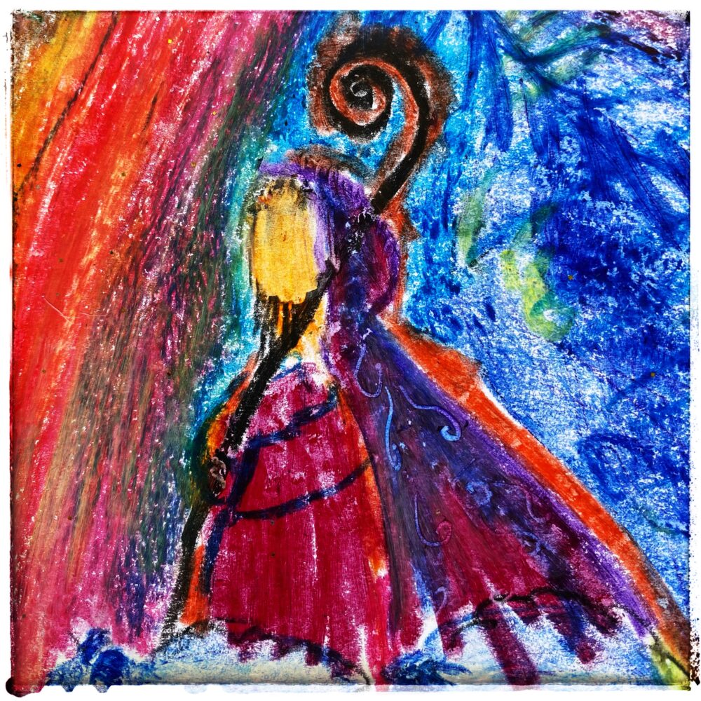 Färgglad teckning av en gestalt i lila mantel som bär en herdestav.